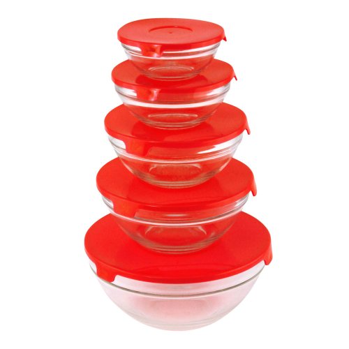 Glass Bowl Set With Red Lids