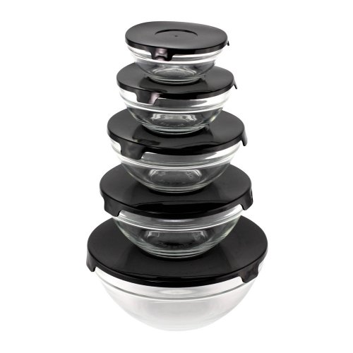 Glass Bowl Set With Black Lids