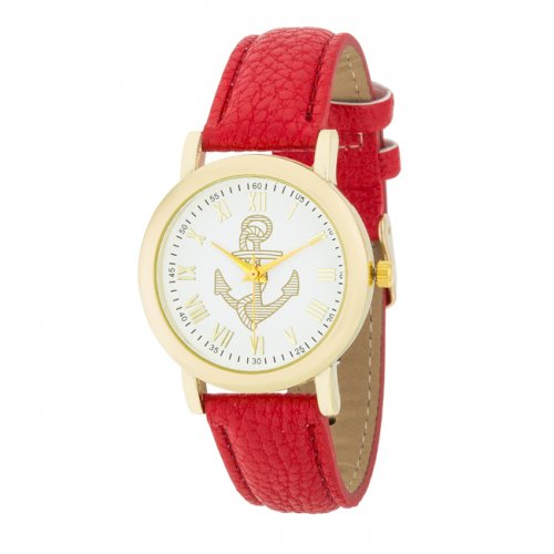 Natalie Gold Nautical Watch With Red Leather Band
