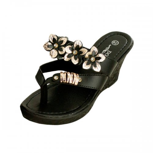 Black Floral Wedge Sandals With Gold &amp; Jewel Accents