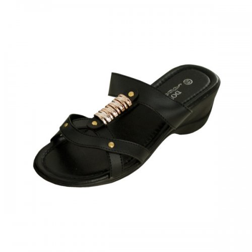 Black Strappy Wedge Sandals With Gold Accents