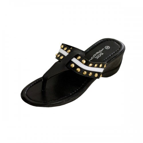 Black Wedge Sandals With Stripe &amp; Spike Accents
