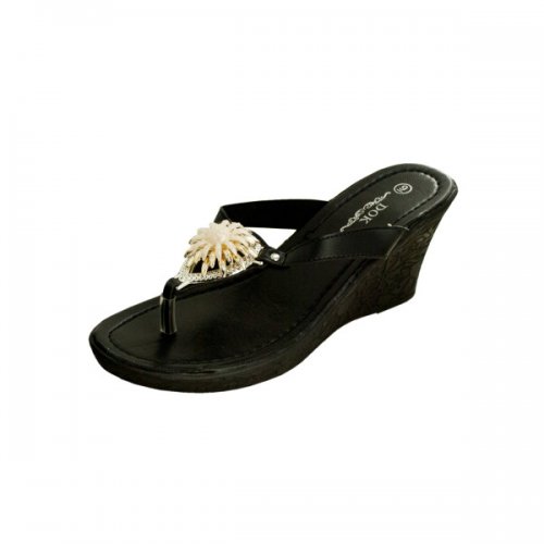 Black Wedge Sandals With Gold Flower Accent