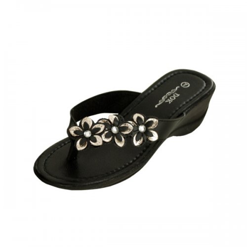 Black Floral Wedge Sandals With Jewel Accents