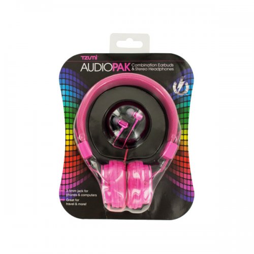 Pink Foldable Stereo Headphones &amp; Earbuds Set
