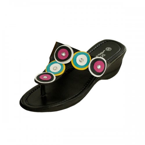 Black Wedge Sandals With Circle &amp; Jewel Accents