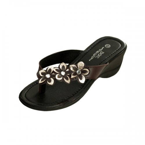 Brown Floral Wedge Sandals With Jewel Accents
